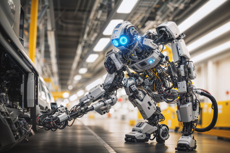Revolutionizing manufacturing. A futuristic robot engaged in precise operations on an electrical device. Created with generative AI.の素材