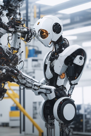 Revolutionizing manufacturing. A futuristic robot engaged in precise operations on an electrical device. Created with generative AI.の素材