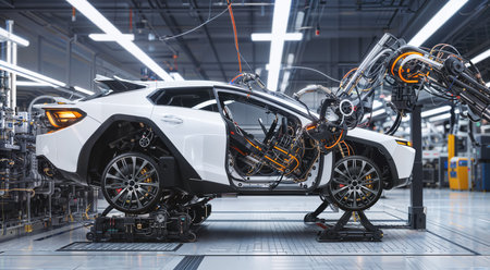 Transformative impact of robotics in the automotive industry. A futuristic robot engaged in the assembly of a car at a factory. Created with generative AI.の素材
