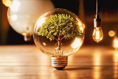 A thriving tree inside a light bulb on a table, symbolizing green energy concepts. Created with generative AI.の素材