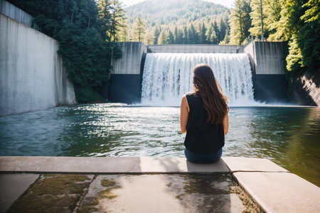 A woman observing a hydroelectric dam. Embodying green energy concepts. Created with generative AI.の素材