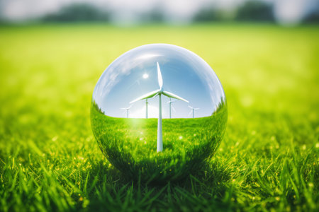 A wind power turbine inside a glass ball on a green field under a blue sky. Illustrating green energy concepts. Created with generative AI.の素材