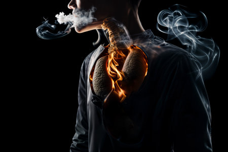 Grim reality. Smoke emerges from man's burning lungs AI Generated Imageの素材