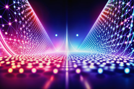 Vibrant symmetrical digital symphony. Interconnected lines, dots, and points background. AI Generated Image..の素材