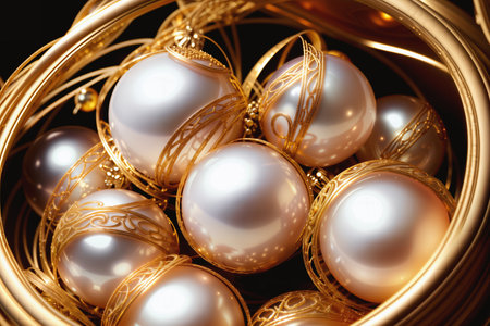 Basket Filled with White and Gold Ornaments. Created with Generative AI.の素材