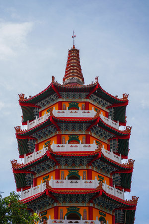 Chinese temple pagoda tower. Ling San temple in Tuaran, Sabah, Malaysia.の写真素材