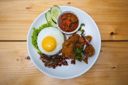 Nasi Lemak with Fried Chicken and Egg on White Plate with Cucumberの写真素材
