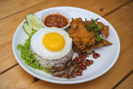 Nasi Lemak with Fried Chicken and Egg on White Plate with Cucumberの写真素材
