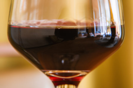 A close-up of a glass of red wine, showcasing its deep, rich color and inviting aroma.の写真素材