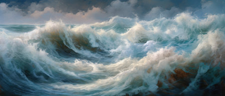 Atlantic ocean storm with turbulent gale force surf, deep blue sea waves and surreal rain clouds, vast expansive seascape horizon - Ai generatedの素材
