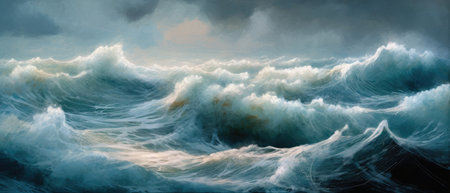 Atlantic ocean storm with turbulent gale force surf, deep blue sea waves and surreal rain clouds, vast expansive seascape horizon - Ai generatedの素材