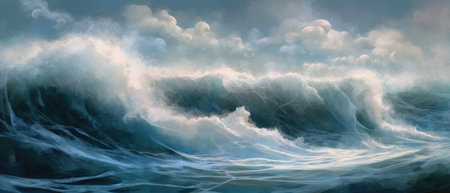 Atlantic ocean storm with turbulent gale force surf, deep blue sea waves and surreal rain clouds, vast expansive seascape horizon - Ai generatedの素材