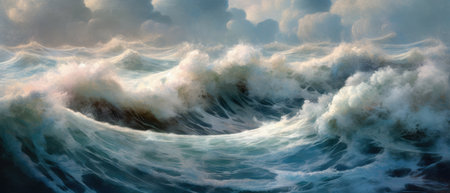 Atlantic ocean storm with turbulent gale force surf, deep blue sea waves and surreal rain clouds, vast expansive seascape horizon - Ai generatedの素材