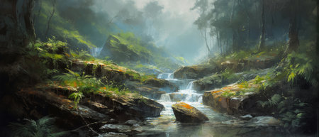 Cascading waterfalls in lush green unexplored jungle, expedition to find spectacular unspoiled natural beauty, crystal clear flowing rivers, tropical vegetation - generative AIの素材