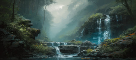Cascading waterfalls in lush green unexplored jungle, expedition to find spectacular unspoiled natural beauty, crystal clear flowing rivers, tropical vegetation - generative AIの素材