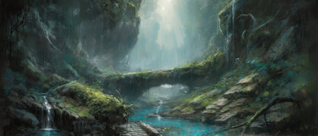 Cascading waterfalls in lush green unexplored jungle, expedition to find spectacular unspoiled natural wonders, crystal clear flowing rivers, tropical vegetation - generative AIの素材