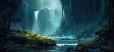 Cascading waterfalls in lush green unexplored jungle, expedition to find spectacular unspoiled natural beauty, crystal clear flowing rivers, tropical vegetation - generative AIの素材