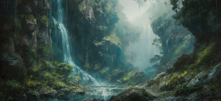 Cascading waterfalls in lush green unexplored jungle, expedition to find spectacular unspoiled natural beauty, crystal clear flowing rivers, tropical vegetation - generative AIの素材