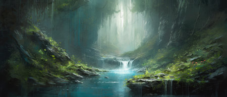 Cascading waterfalls in lush green unexplored jungle, expedition to find spectacular unspoiled natural beauty, crystal clear flowing rivers, tropical vegetation - generative AIの素材