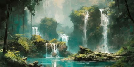 Cascading waterfalls in lush green unexplored jungle, expedition to find spectacular unspoiled natural beauty, crystal clear flowing rivers, tropical vegetation - generative AIの素材