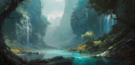 Cascading waterfalls in lush green unexplored jungle, expedition to find spectacular unspoiled natural wonders, crystal clear flowing rivers, tropical vegetation - generative AIの素材
