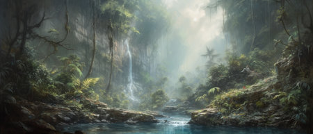 Cascading waterfalls in lush green unexplored jungle, expedition to find spectacular unspoiled natural wonders, crystal clear flowing rivers, tropical vegetation - generative AIの素材