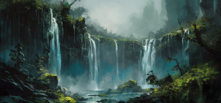 Cascading waterfalls in lush green unexplored jungle, expedition to find spectacular unspoiled natural wonders, crystal clear flowing rivers, tropical vegetation - generative AIの素材
