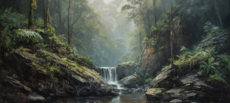 Cascading waterfalls in lush green unexplored jungle, expedition to find spectacular unspoiled natural wonders, crystal clear flowing rivers, tropical vegetation - generative AIの素材