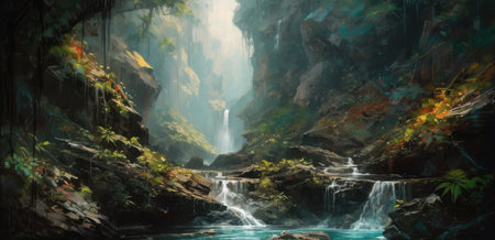 Cascading waterfalls in lush green unexplored jungle, expedition to find spectacular unspoiled natural wonders, crystal clear flowing rivers, tropical vegetation - generative AIの素材