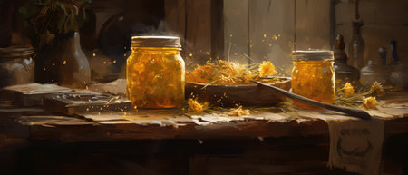 still life with a jar of dandelion infused honey on an old kitchen wooden table with bright morning sunshine - Ai generatedの素材