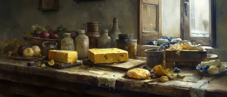 Still life with cheese on a wooden table in an old kitchen with vintage glass bottles and clay jars - Ai generatedの素材