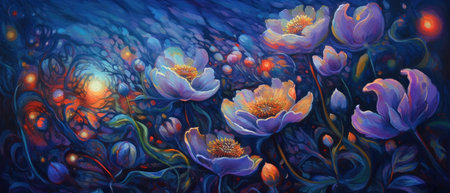 Midnight blue purple moon flowers in outdoor meadow, these vivid and colorful fantasy florals only bloom once a year at twilight - Ai generatedの素材