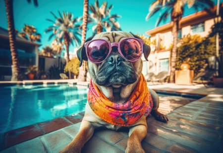 Summer sun cool pug dog relaxing at the palm tree backyard swimming pool wearing sunglasses and having some serious fun all alone at owners Los Angeles mansion - Ai Generatedの素材