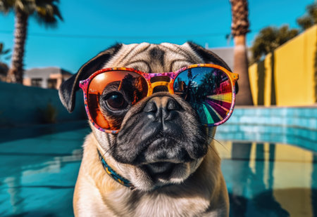 Summer sun cool pug dog relaxing at the palm tree backyard swimming pool wearing sunglasses and having some serious fun all alone at owners Los Angeles mansion - Ai Generatedの素材