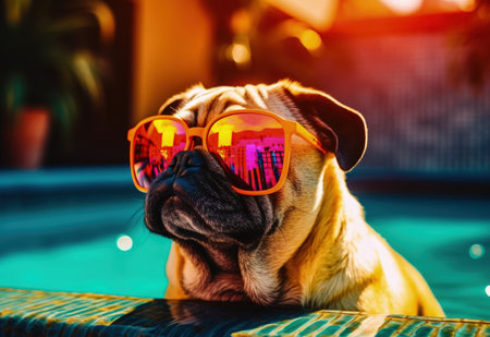 Summer sun cool pug dog relaxing at the palm tree backyard swimming pool wearing sunglasses and having some serious fun all alone at owners Los Angeles mansion - Ai Generatedの素材