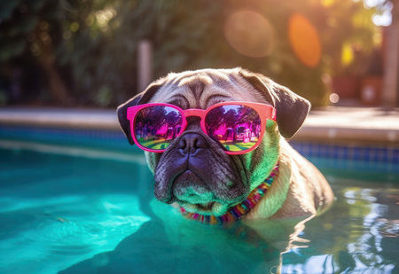 Summer sun cool pug dog relaxing at the palm tree backyard swimming pool wearing sunglasses and having some serious fun all alone at owners Los Angeles mansion - Ai Generatedの素材