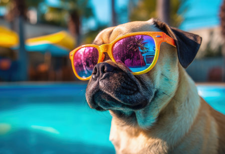 Summer sun cool pug dog relaxing at the palm tree backyard swimming pool wearing sunglasses and having some serious fun all alone at owners Los Angeles mansion - Ai Generatedの素材