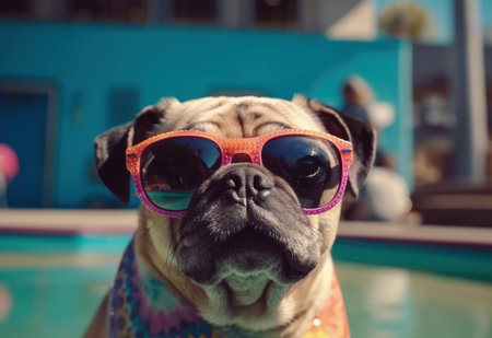 Summer sun cool pug dog relaxing at the palm tree backyard swimming pool wearing sunglasses and having some serious fun all alone at owners Los Angeles mansion - Ai Generatedの素材