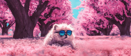 Pretty white Persian cat with cool sunglasses relaxing underneath vibrant pink cherry blossom trees in outdoor park, living it up lazy life while looking stylish - Ai generatedの素材