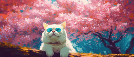 Pretty white Persian cat with cool sunglasses relaxing underneath vibrant pink cherry blossom trees in outdoor park, living it up lazy life while looking stylish - Ai generatedの素材