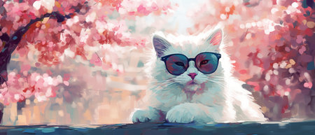 Pretty white Persian cat with cool sunglasses relaxing underneath vibrant pink cherry blossom trees in outdoor park, living it up lazy life while looking stylish - Ai generatedの素材