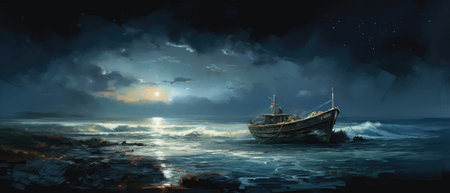 Simple life of fisherman at sea adrift in their boat near the shore at midnight, calm waves, quiet stillness, beautiful bright moonlight reflection on the ocean - AI generatedの素材