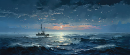 Simple life of fisherman at sea adrift in their boat near the shore at midnight, calm waves, quiet stillness, beautiful bright moonlight reflection on the ocean - AI generatedの素材