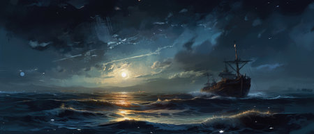 Simple life of fisherman at sea adrift in their boat near the shore at midnight, calm waves, quiet stillness, beautiful bright moonlight reflection on the ocean - AI generatedの素材
