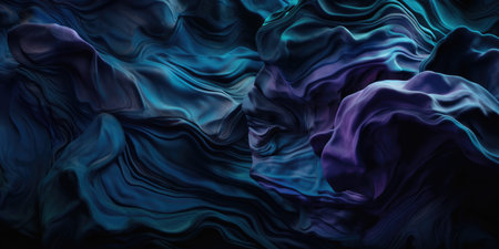 Abstract smooth waves and curves with metallic sheen of deep dark blue and amethyst purple colors, folding backdrop with a shallow depth of field bokeh blur - AI generatedの素材