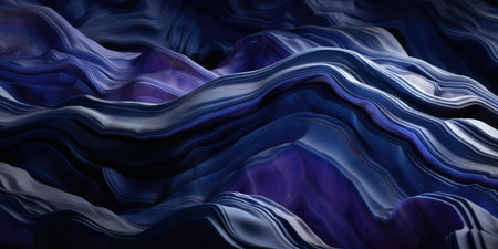 Abstract smooth waves and curves with metallic sheen of deep dark blue and amethyst purple colors, folding backdrop with a shallow depth of field bokeh blur - AI generatedの素材