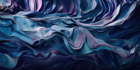 Abstract smooth waves and curves with metallic sheen of deep dark blue and amethyst purple colors, folding backdrop with a shallow depth of field bokeh blur - AI generatedの素材
