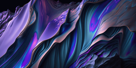 Abstract smooth waves and curves with metallic sheen of deep dark blue and amethyst purple colors, folding backdrop with a shallow depth of field bokeh blur - AI generatedの素材