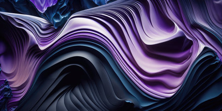 Abstract smooth waves and curves with metallic sheen of deep dark blue and amethyst purple colors, folding backdrop with a shallow depth of field bokeh blur - AI generatedの素材