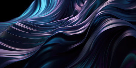 Abstract smooth waves and curves with metallic sheen of deep dark blue and amethyst purple colors, folding backdrop with a shallow depth of field bokeh blur - AI generatedの素材